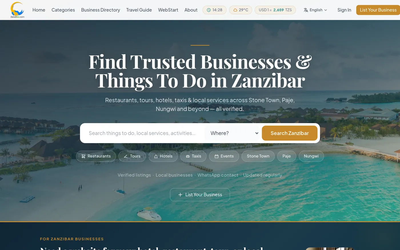 Screenshot of the ZanziBiz website